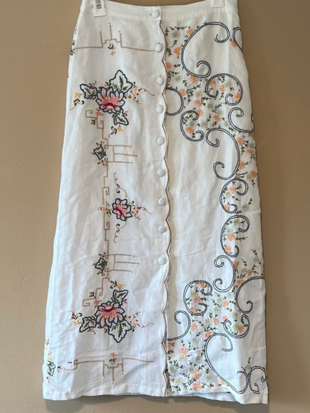 Anthropologie White Scalloped Embroidered Midi Skirt